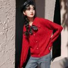 Collared Cardigan Wine Red - One Size