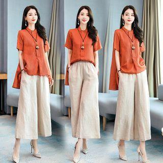 Set: Short-sleeve Stand Collar Blouse + Cropped Wide-leg Pants