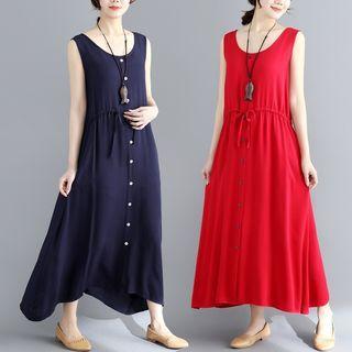 Sleeveless Button-up Drawstring Midi Smock Dress