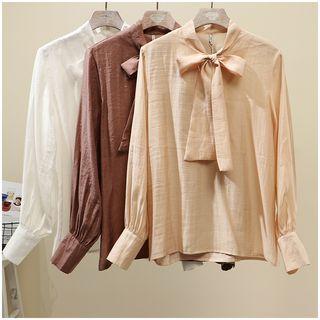 Long-sleeve Plain Tie-waist Blouse