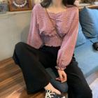 Check Square-neck Long-sleeve Blouse