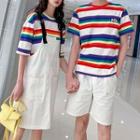 Couple Matching Short-sleeve Striped T-shirt / Midi Overall Dress / Shorts