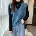 Plain Long-sleeve Top / V-neck Sleeveless Sweater