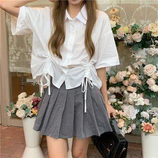 Short-sleeve Drawstring Crop Shirt White - One Size