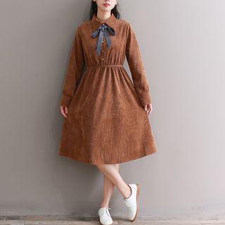 Bow-accent Corduroy Long-sleeve Midi A-line Shirt Dress