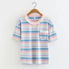 Short-sleeve Lace Trim Striped T-shirt Stripes - Multicolor - One Size