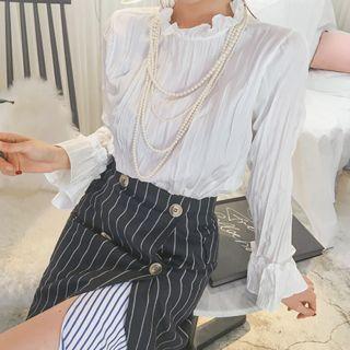 Frill-neck Ruffle-cuff Crinkled Top