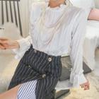 Frill-neck Ruffle-cuff Crinkled Top