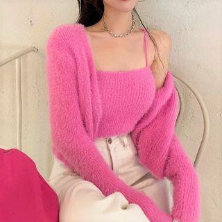 Set: Fluffy Cardigan + Spaghetti Strap Knit Top Pink - One Size