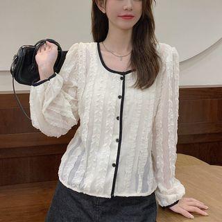 Round-neck Color Block Flower Trim Top Almond - One Size