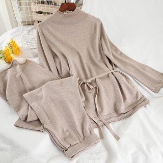 Set: Plain Tie-waist Knit Top + Wide-leg Pants