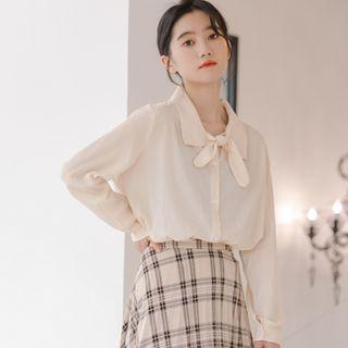Bow Accent Shirt / Plaid Midi A-line Skirt