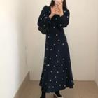 Balloon-sleeve Floral Embroidered Midi A-line Dress Dark Blue - One Size