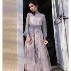 Long-sleeve Embroidered Mesh A-line Maxi Dress