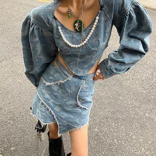 Long-sleeve Round Neck Denim Top / Asymmetrical Denim High-waist Skirt