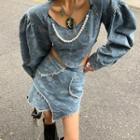 Long-sleeve Round Neck Denim Top / Asymmetrical Denim High-waist Skirt