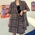 Set: Short-sleeve Plaid Blazer + Shorts Plaid - Gray - One Size