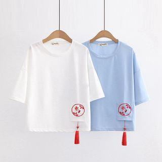 Goldfish Embroidered Tassel-detail Short-sleeve Top