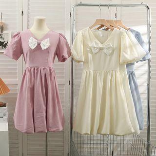 Ribbon-accent Puff-sleeve Midi Dress In 5 Colors