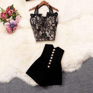 Set: Halter Lace Camisole Top + High-waist Shorts