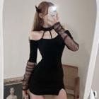 Halter-neck Cold-shoulder Shirred Mini A-line Dress