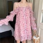 Off-shoulder Long Sleeve Floral Print Chiffon Dress
