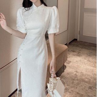 Puff-sleeve Faux Pearl Side-slit Sheath Dress