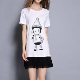 Cartoon Print Tulle Hem T-shirt Dress