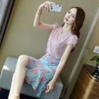 Set: Short-sleeve Feather-accent Blouse + Floral Print A-line Skirt