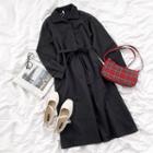 Long-sleeve Plain Tie-waist Midi Dress Black - One Size