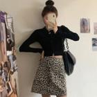 Long-sleeve Button T-shirt / Leopard Print Mini A-line Skirt