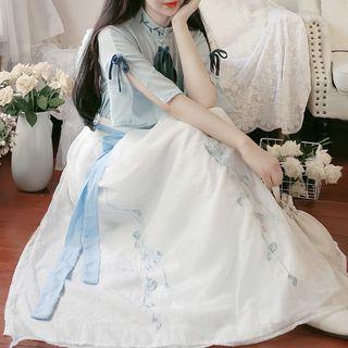 Set: Hanfu Short-sleeve Top + Midi A-line Skirt