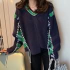 Asymmetrical Color Block Panel Sweater Navy Blue - One Size