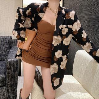 Spaghetti Strap Shirred Bodycon Dress / Floral Print Jacket