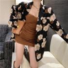 Spaghetti Strap Shirred Bodycon Dress / Floral Print Jacket