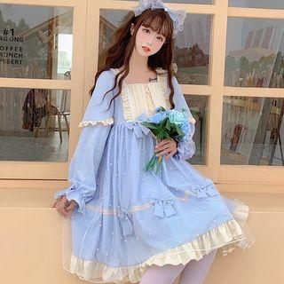 Ruffled Bell-sleeve Mesh Overlay A-line Dress
