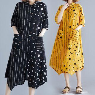 Asymmetric Dotted Striped Panel Short-sleeve Midi Shirtdress