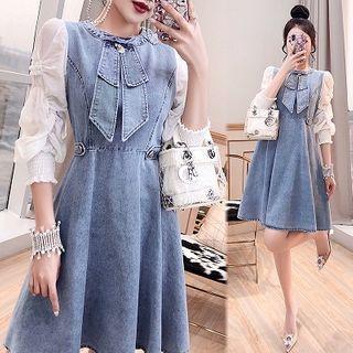 Puff-sleeve Denim A-line Dress