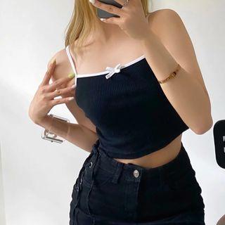 Contrast-trim Bow-accent Crop Camisole Top