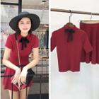 Set: Mock Neck Bow Accent Knit Top + A-line Skirt
