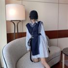 Set: Striped Long-sleeve Shirtdress + Contrast Trim Side-slit Knit Vest