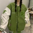 Lettering Embroidered Baseball Jacket Green - One Size