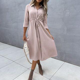 Elbow-sleeve V-neck Tie-waist Midi Dress