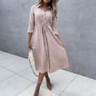 Elbow-sleeve V-neck Tie-waist Midi Dress