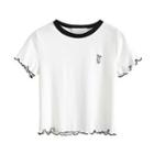 Short-sleeve Frill Trim Rabbit Embroidered Knit Top