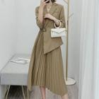 3/4-sleeve Pleated Paneled A-line Midi Dress