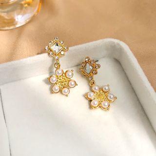 Rhinestone Faux Pearl Drop Earring Ear Stud - 1 Pair - Gold - One Size