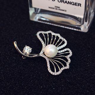 Faux Pearl Rhinestone Leaf Brooch