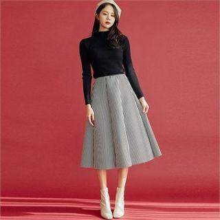 Set: Mock-neck Ribbed Top + Neoprene Stripe Skirt Black - One Size