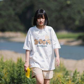 Bear Print Round-neck Semi Sleeve Top